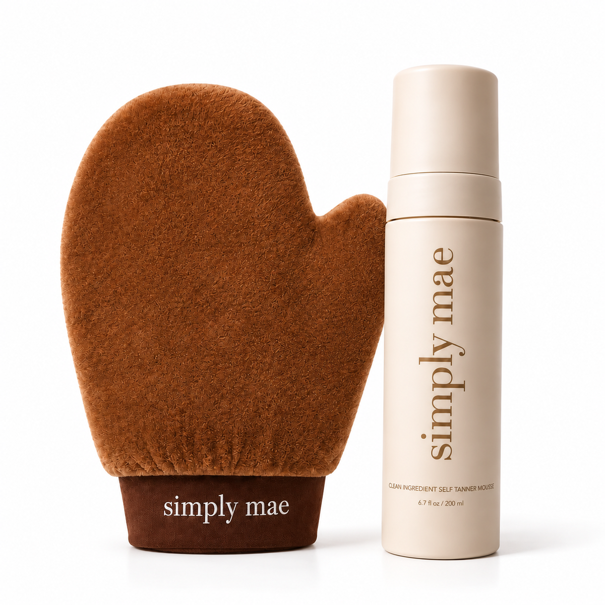Simply Mae 200 ml mousse with the matching caramel brown application mitt