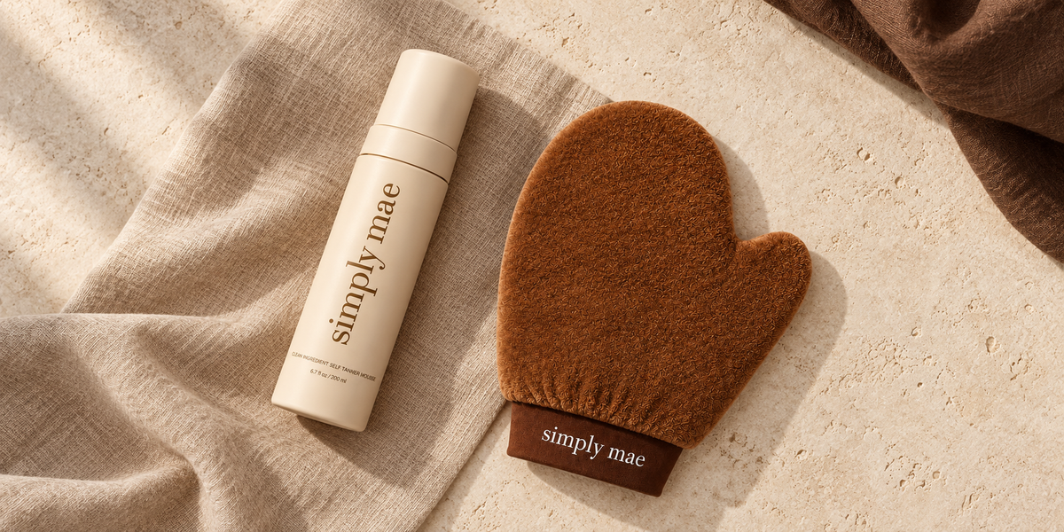 Simply Mae mousse and application mitt on linen and limestone